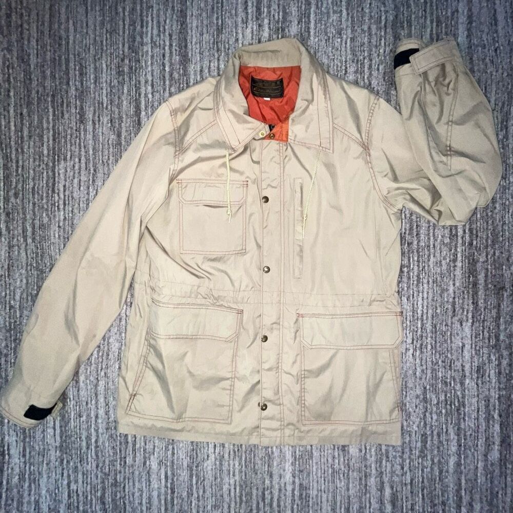 Eddie Bauer Mens Size Large Zip Front Barn Work Coat Jacket Tan Beige‎ Pockets